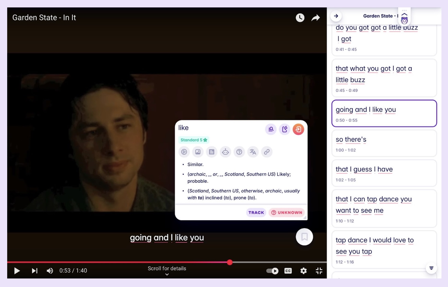 A screenshot showing how Migaku is capable of making YouTube subtitles interactive