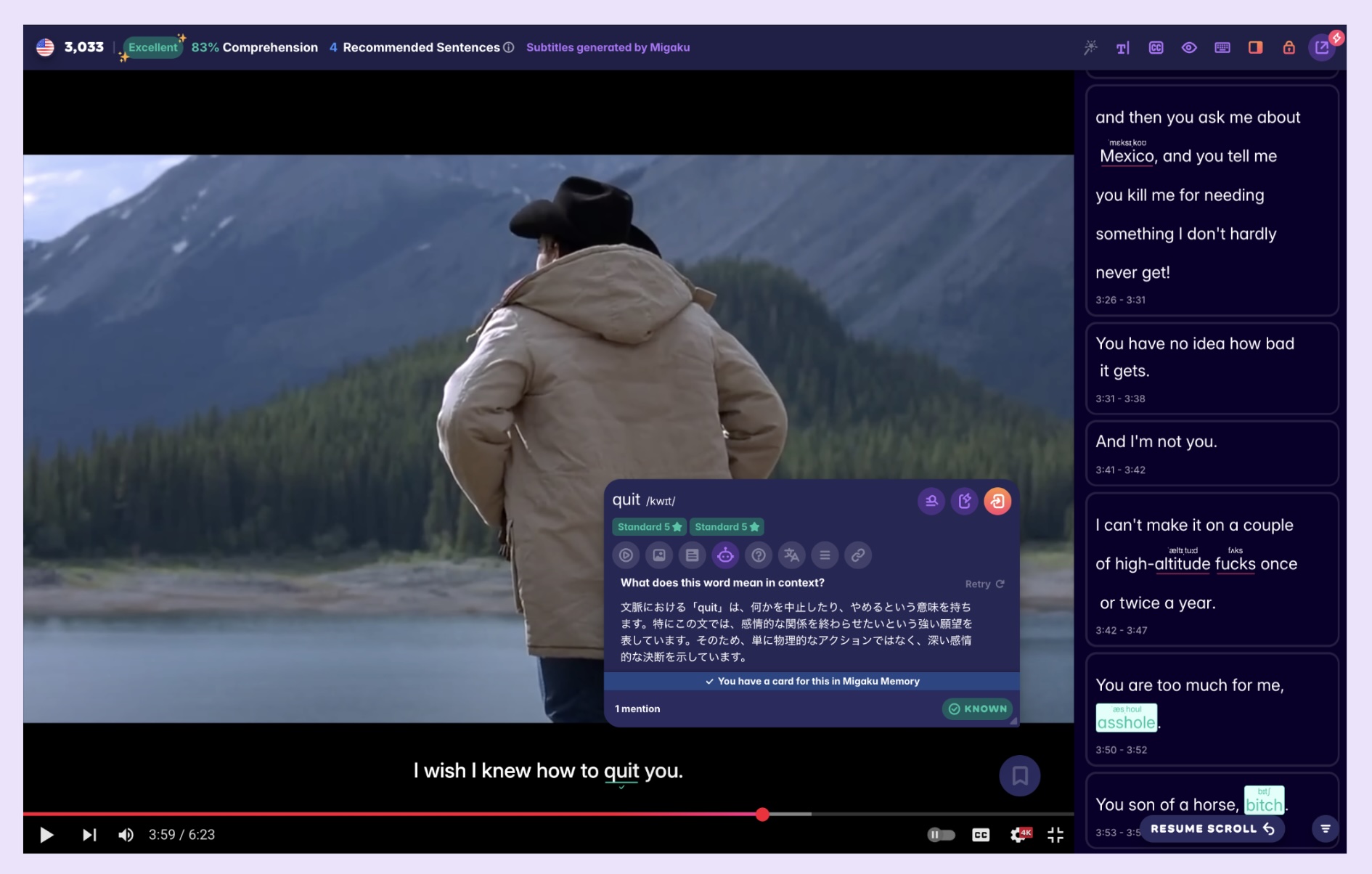 A scene from Brokeback Mountain which includes Migaku's enhanced subtitles