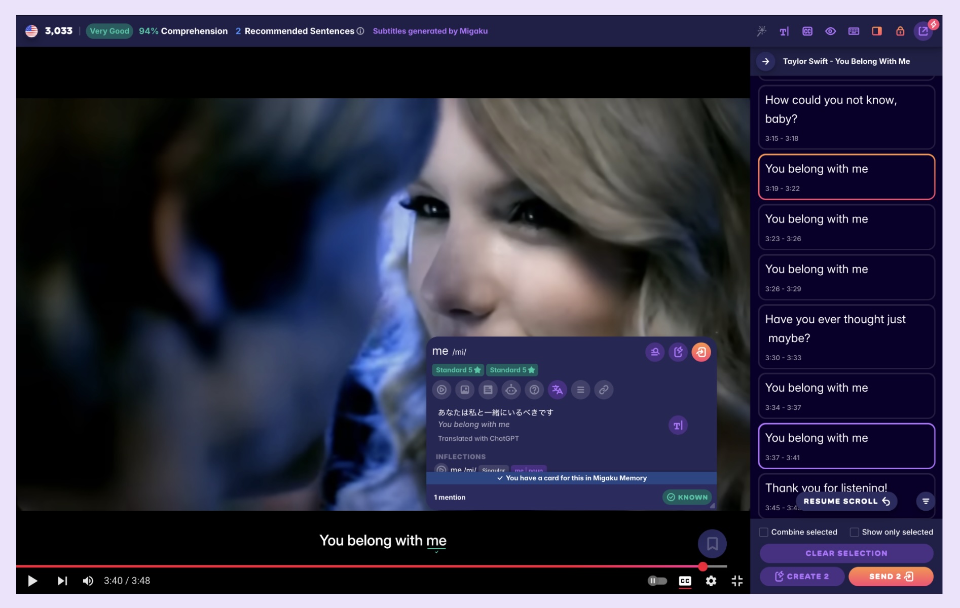A screenshot of Taylor Swift's hit song, showing Migaku's ability to translate subtitles