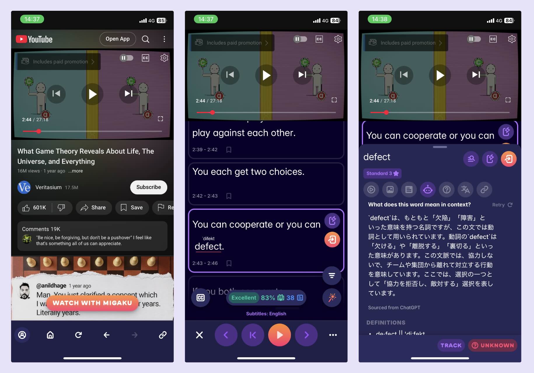 A series of screenshots showing how Migaku enhances your phones YouTube application