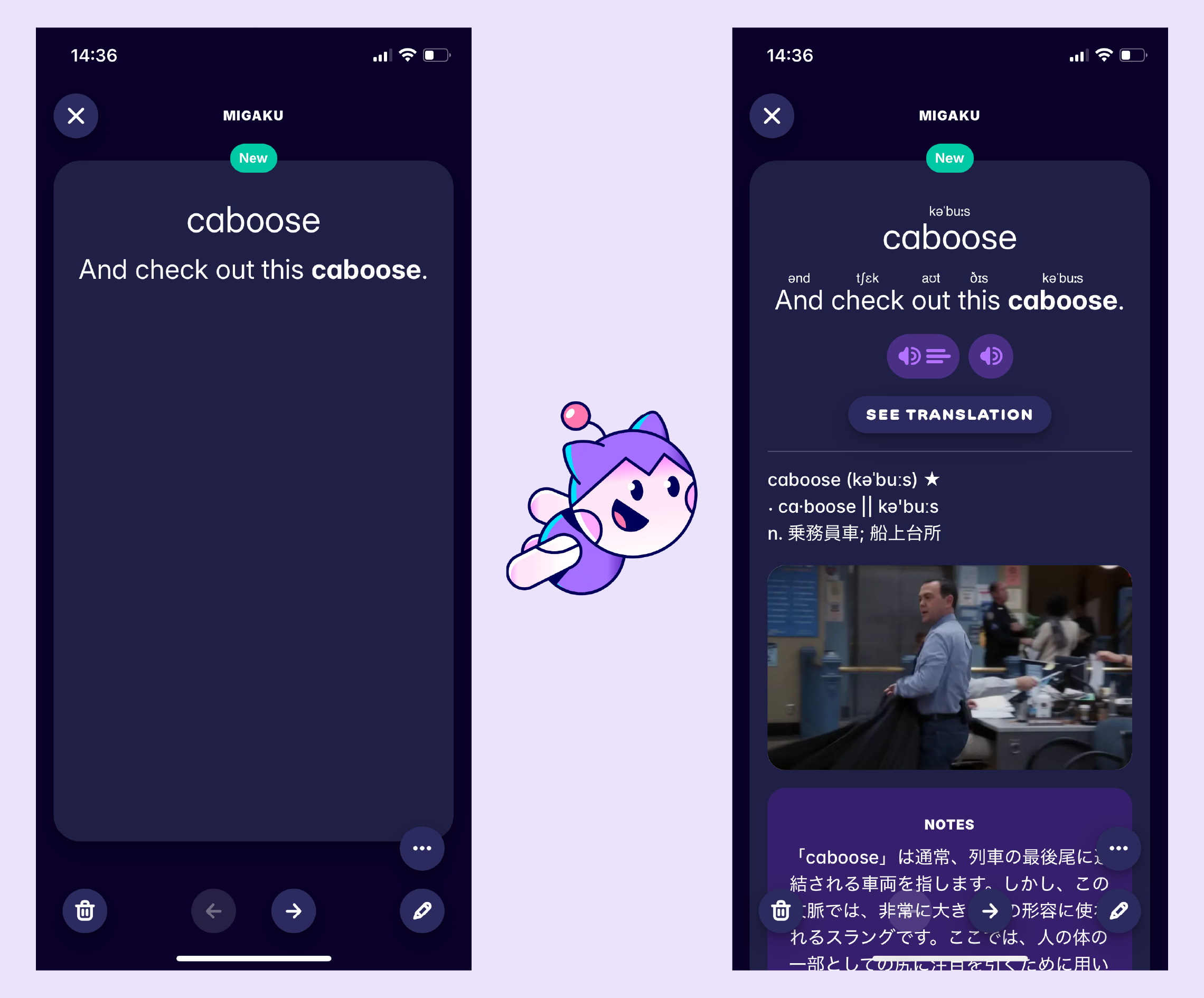 A screenshot of some flashcards generated by Migaku, showing what this English slang word means