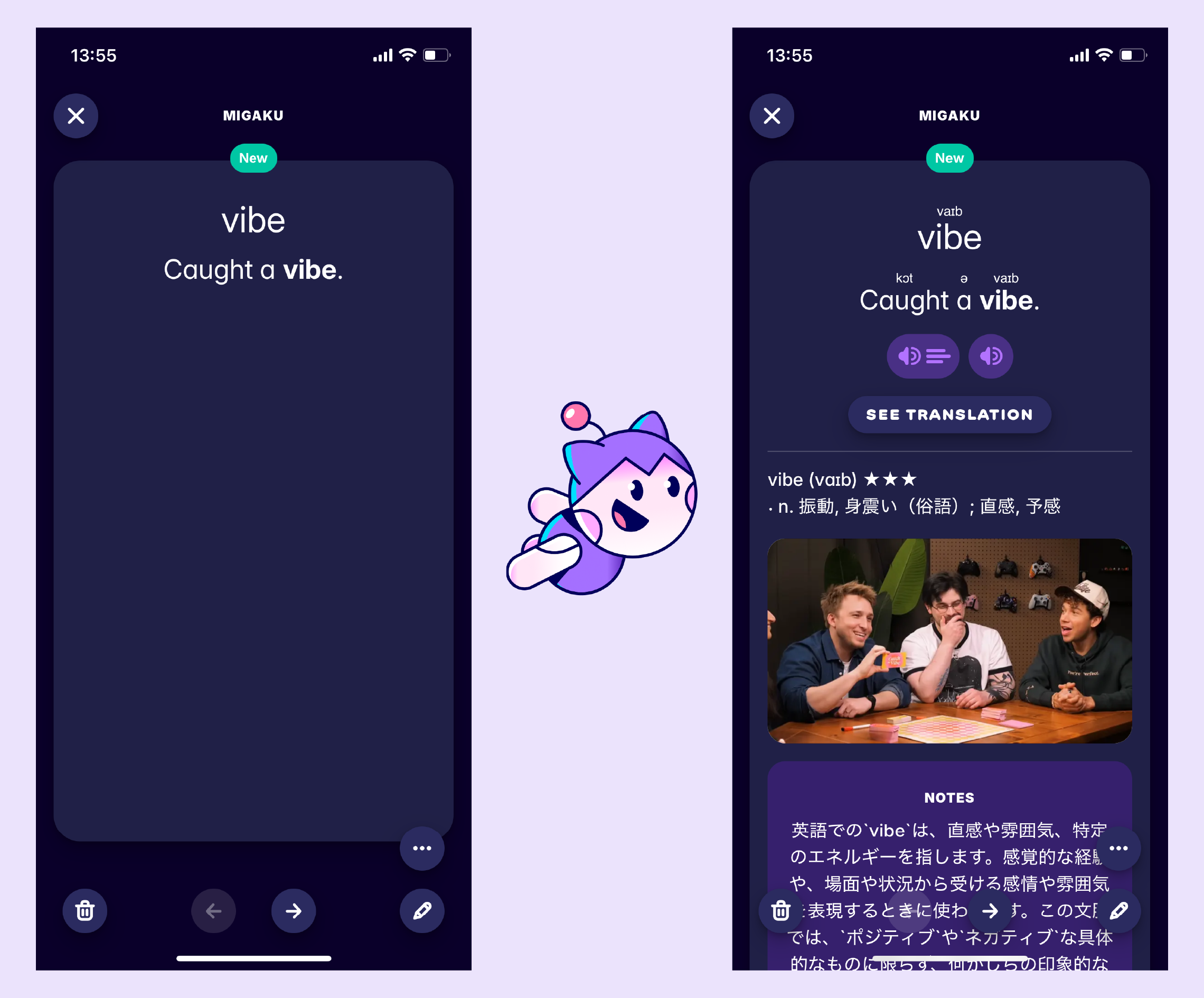 A screenshot of some flashcards made by Migaku, showing the meaning of Vibe, an English slang word