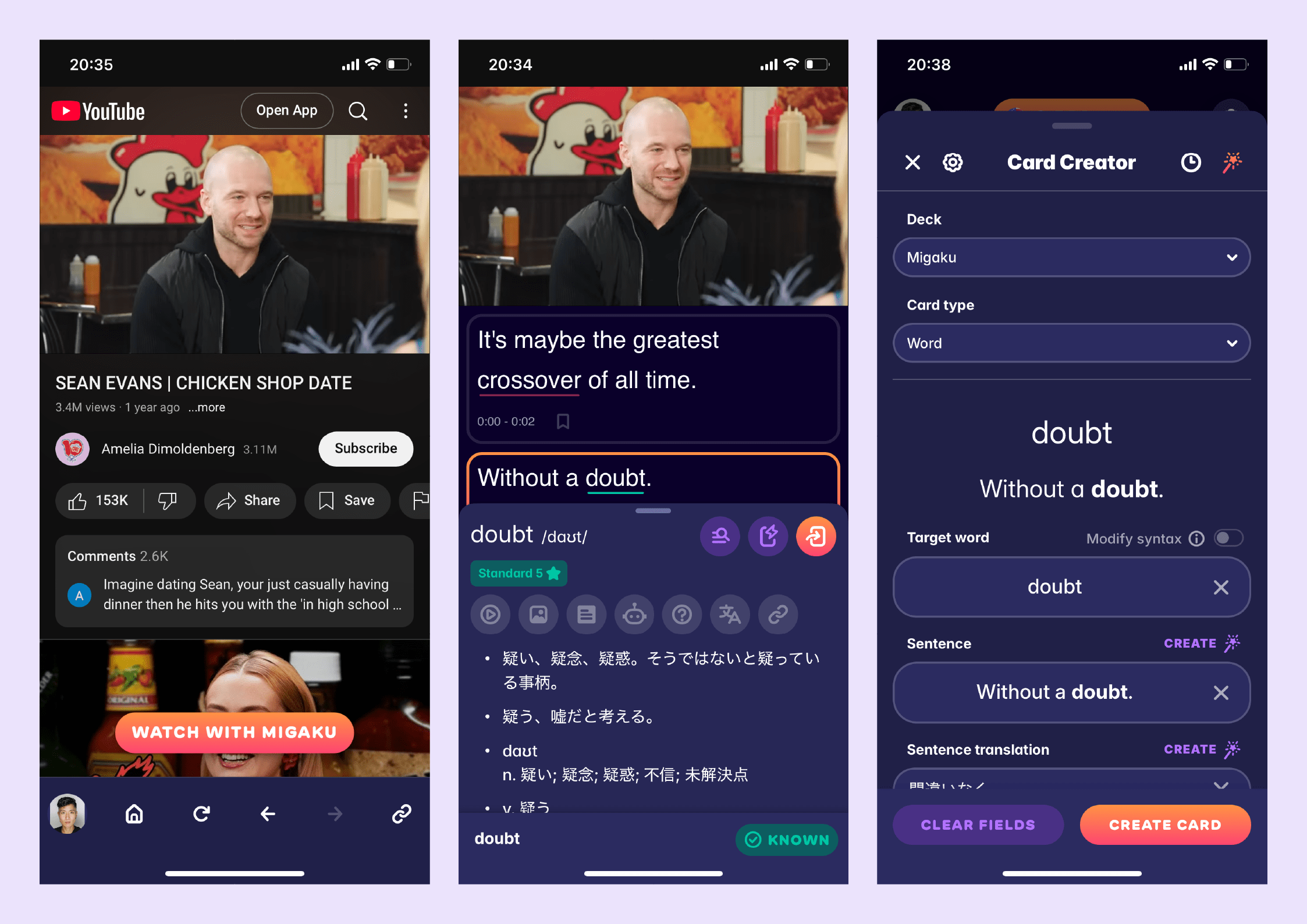 A screenshot of a YouTube video, as enhanced by Migaku 