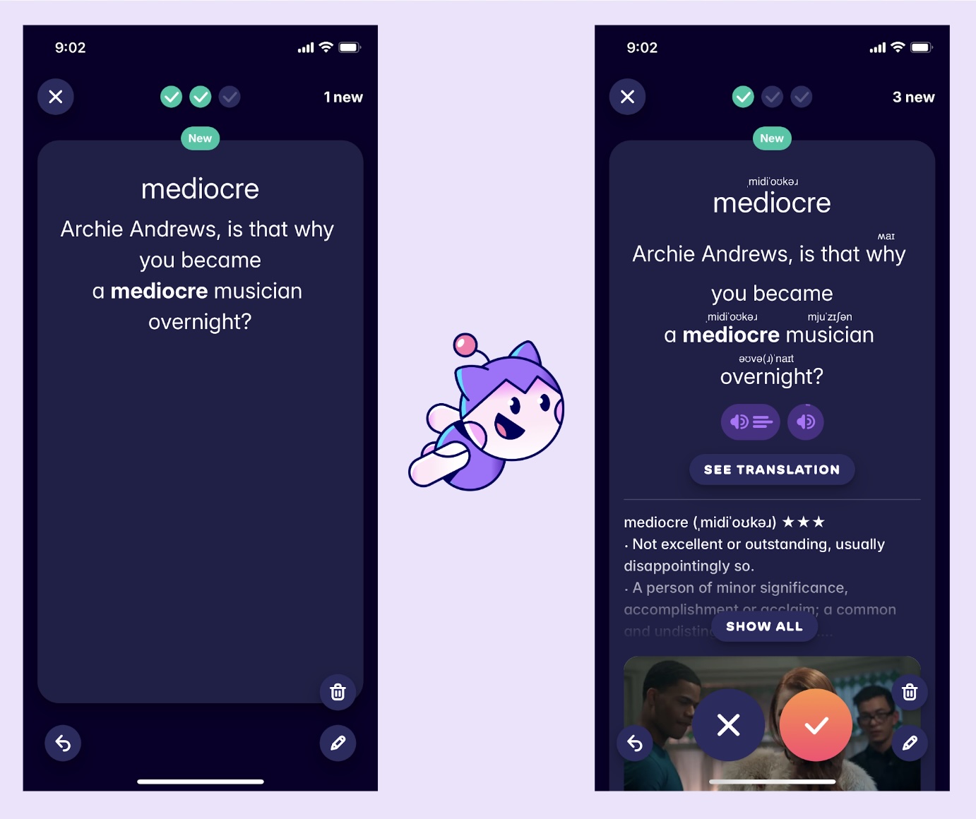 A screenshot of some flashcards that Migaku created from a Netflix show