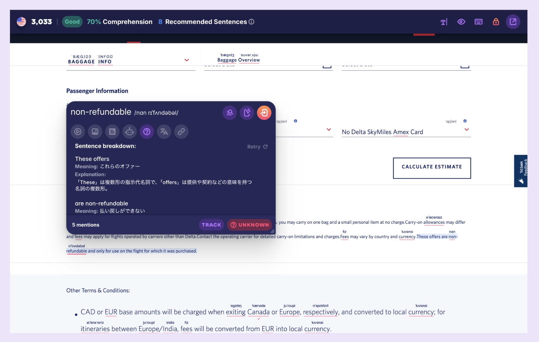 A screenshot showing how Migaku can help you navigate complex pages of information