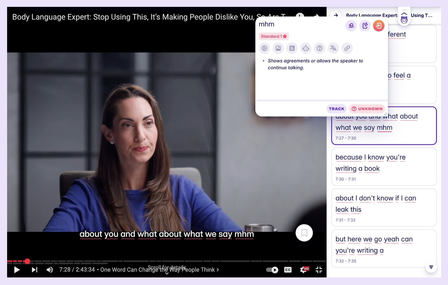 A screenshot of a YouTube interview with a psychologist, talking about back-channeling