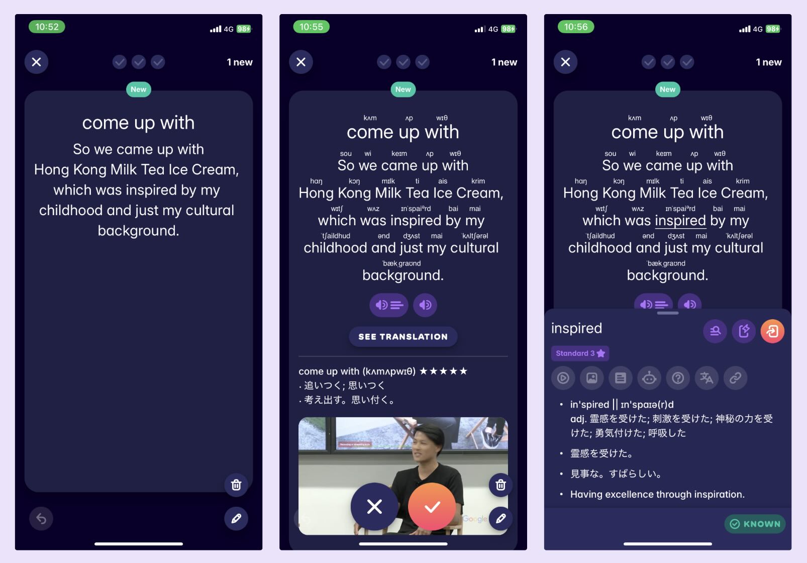 A screenshot showing the flashcards Migaku creates from  YouTube videos