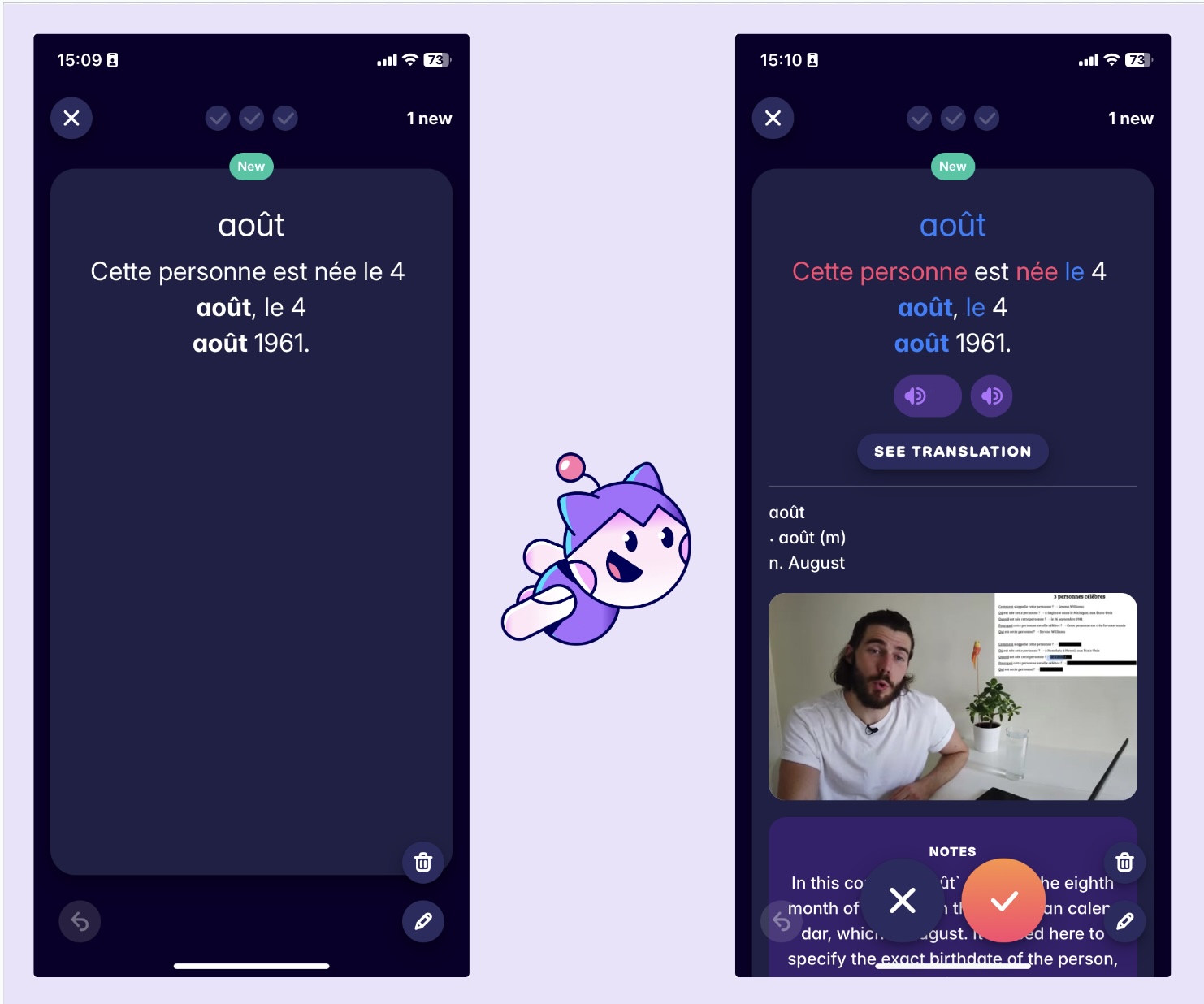 A screenshot showing a flashcard that Migaku automatically created from a YouTube video