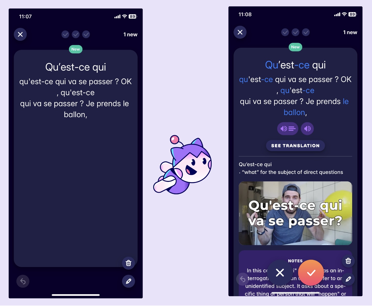 A screenshot showing the French flashcards Migaku creates from YouTube videos