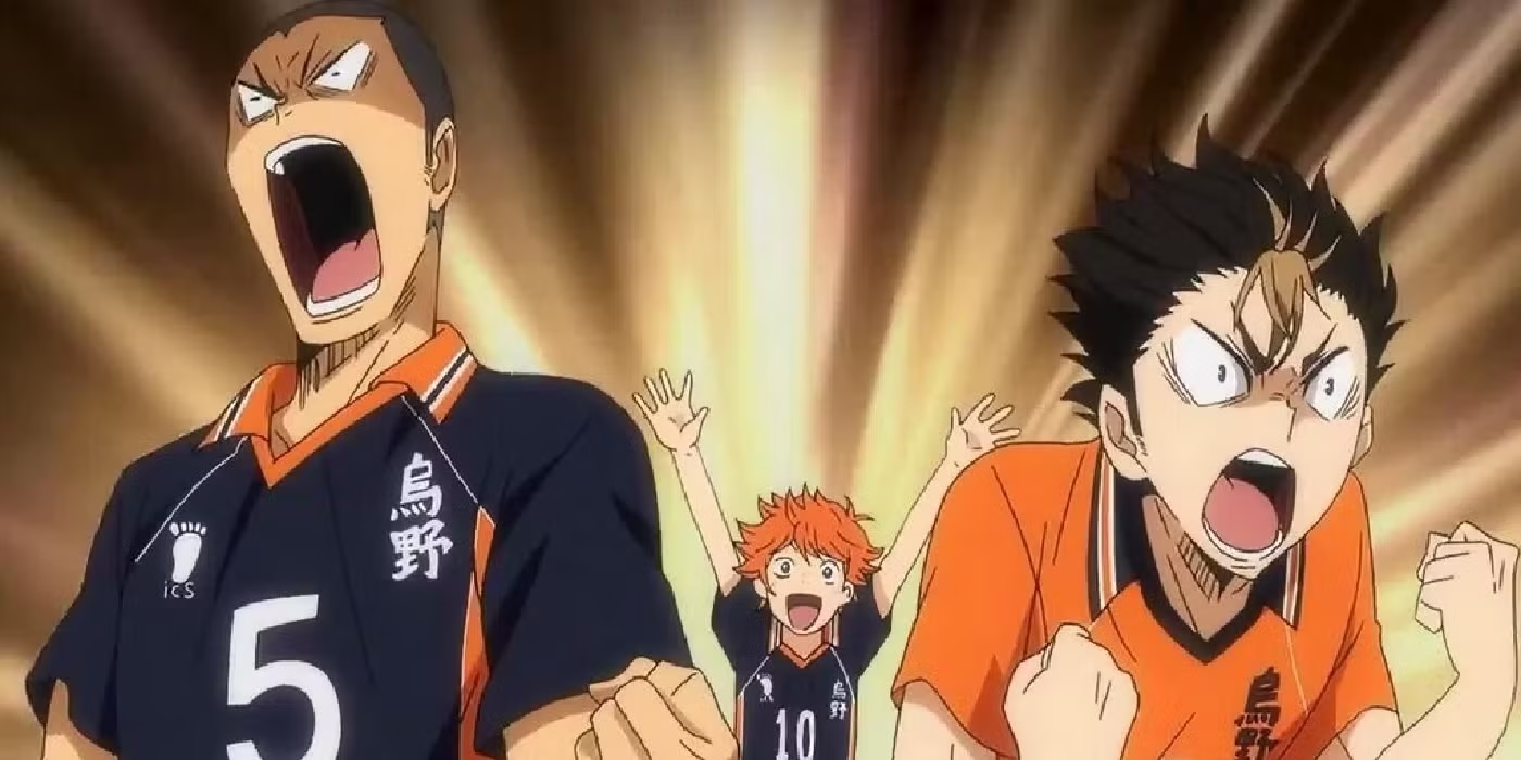 A screenshot from an anime in which characters are cheering on their teammates!