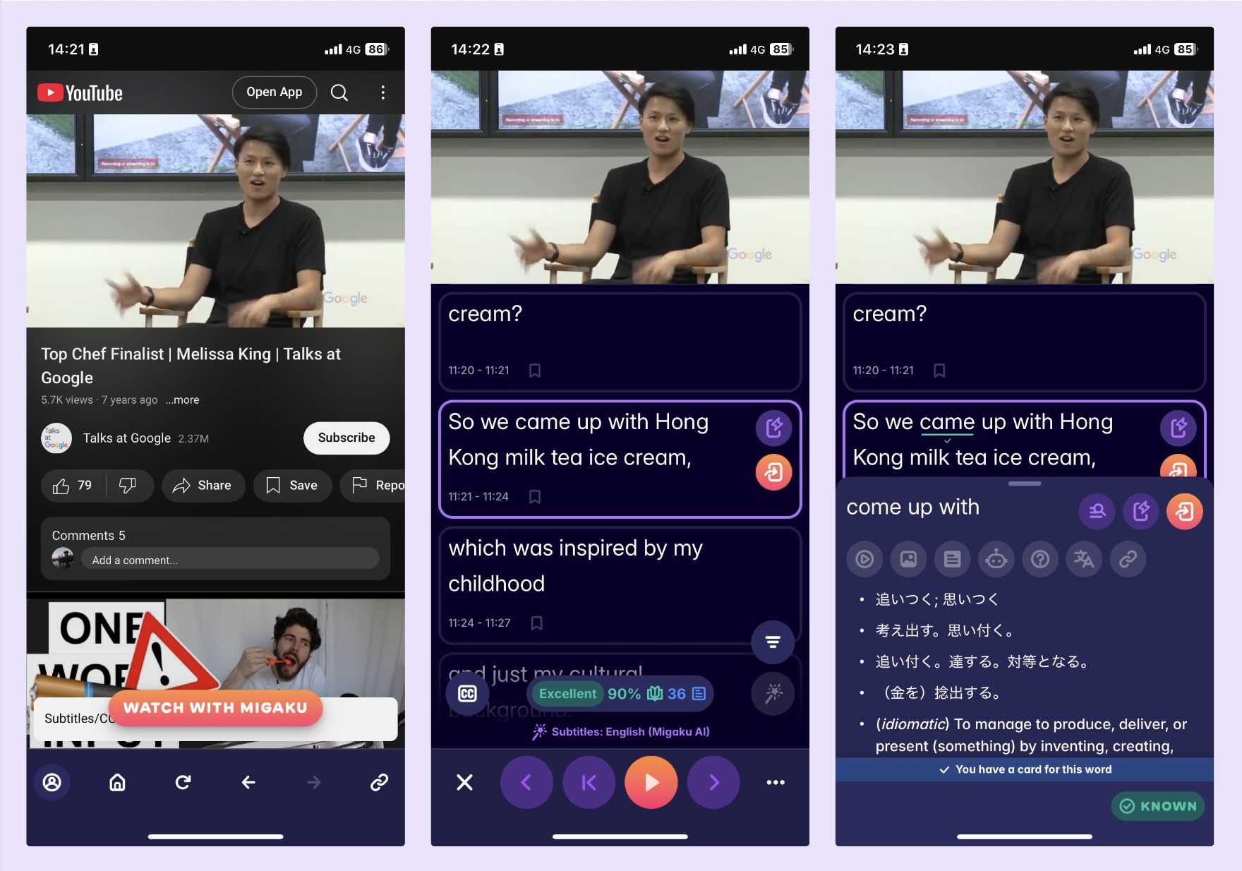 A screenshot of Migaku's Mobile YouTube feature, allowing you to study English by watching YouTube videos on your phone