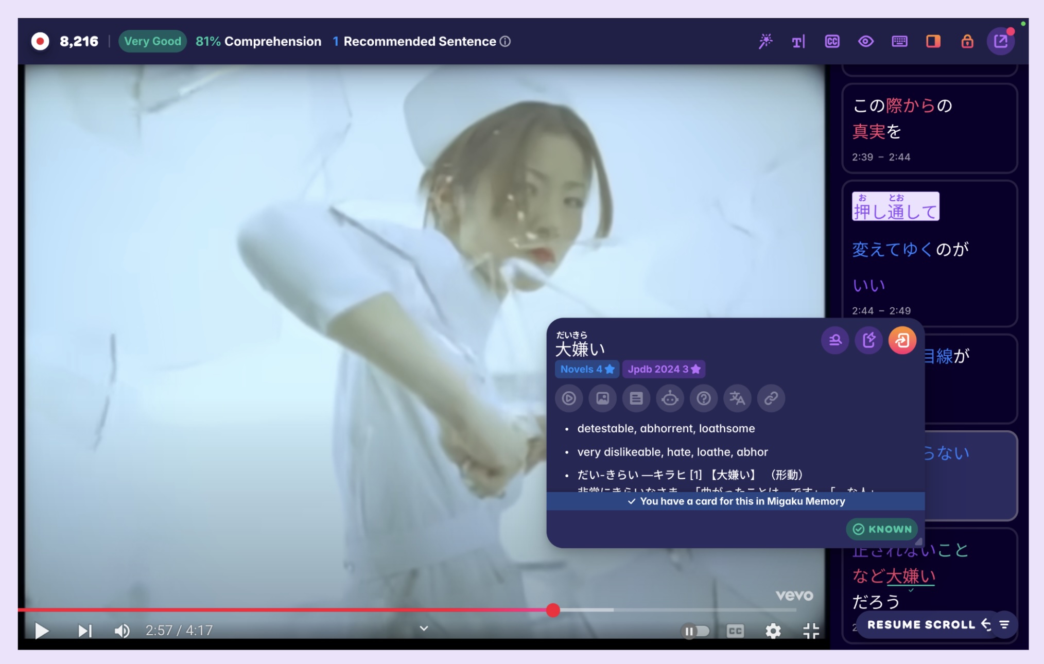 A screenshot from the music video to Instinct, as enhanced by Migaku