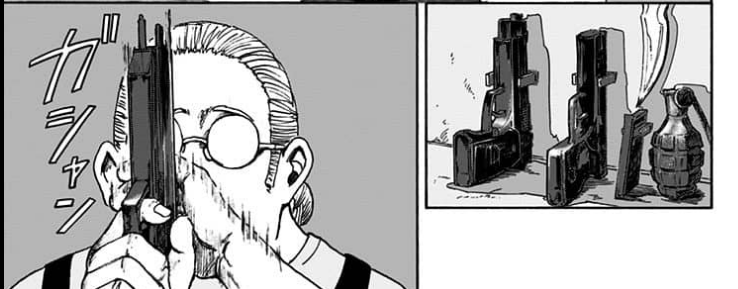An excerpt from a manga showing the Japanese onomatopoeia gashan, the sound of something shattering