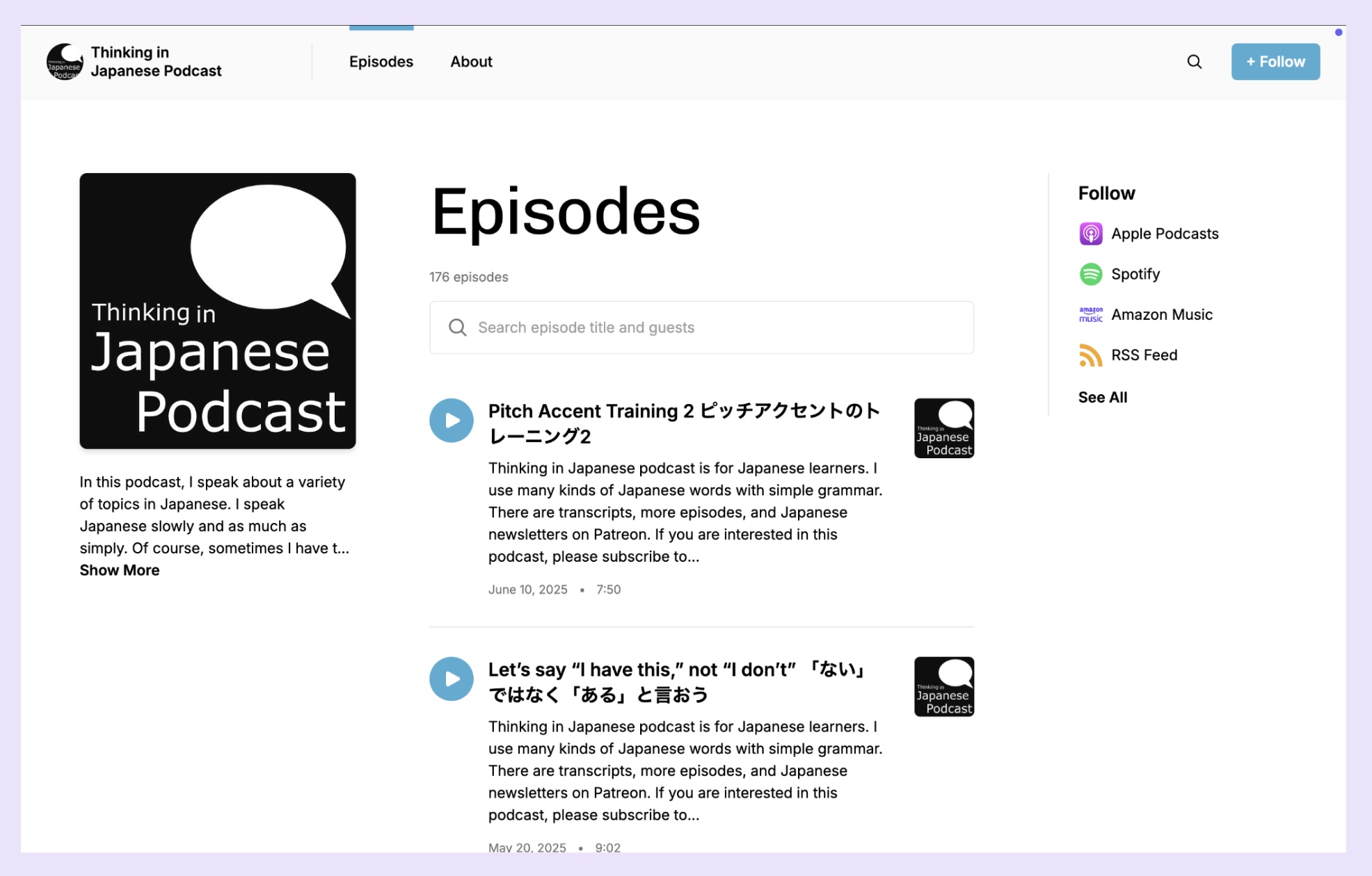 A screenshot of Thinking in Japanese's homepage on Buzzsprout