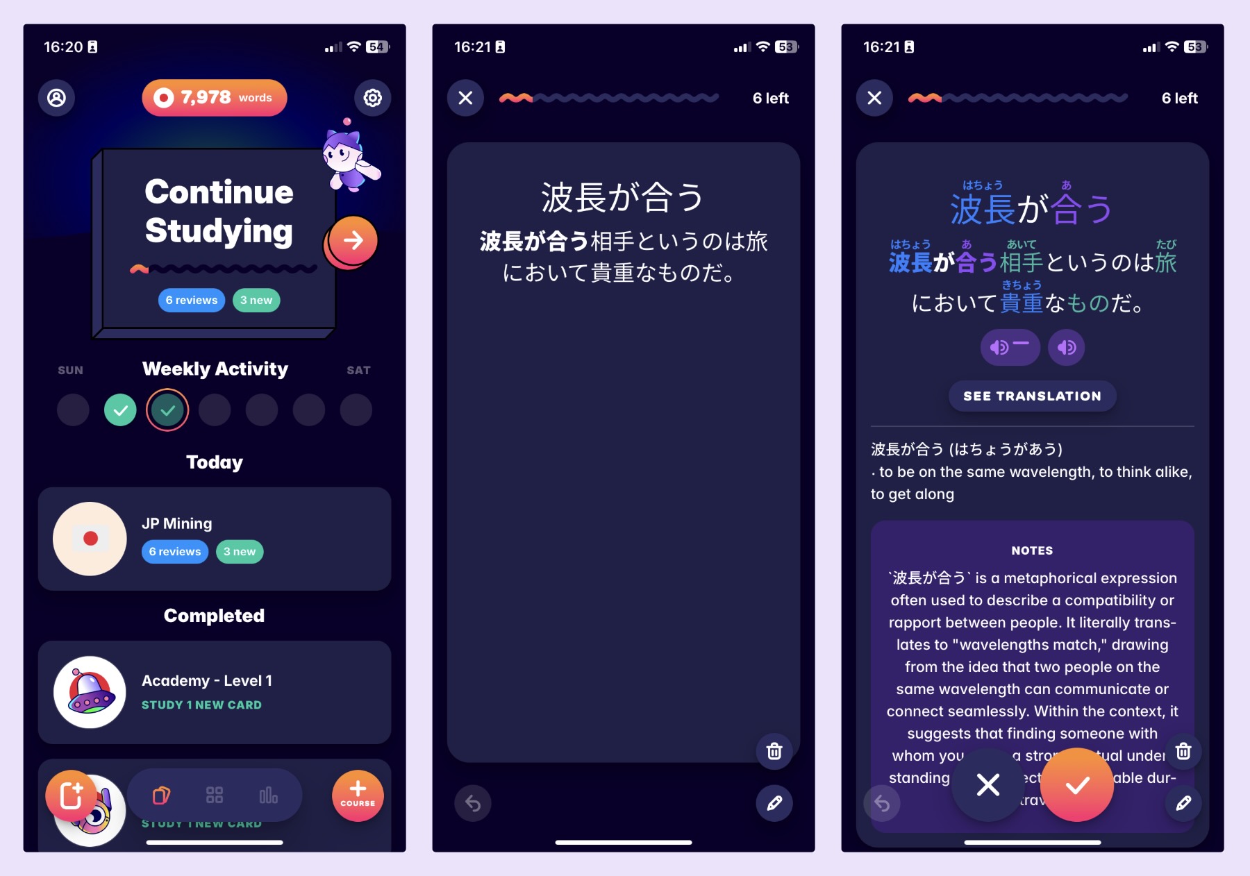 A screenshot of Migaku's SRS flashcard interface, plus a card that I sentence mined