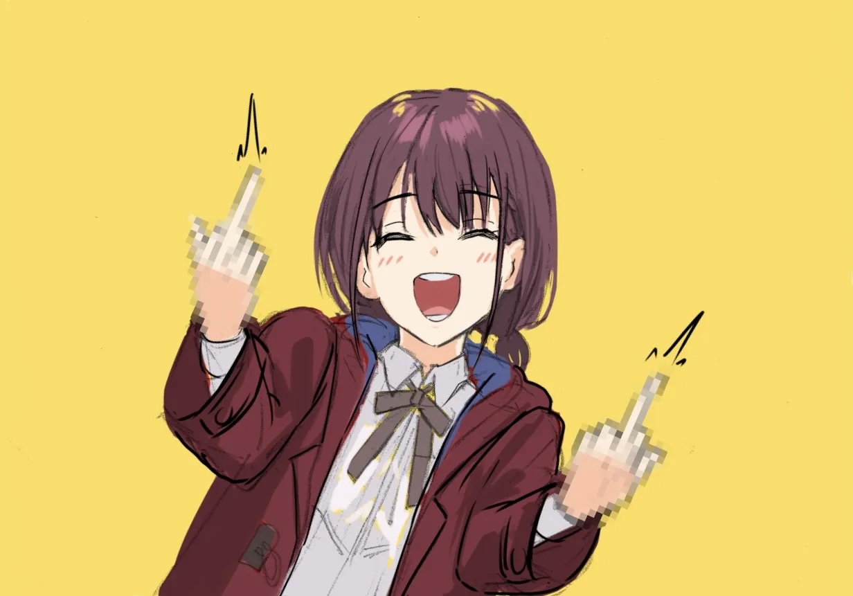 A Japanese girl reacting dramatically with a rude hand gesture