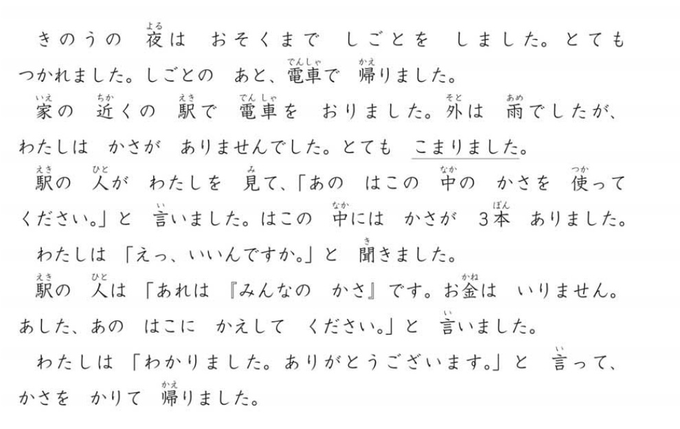 The reading passage of the 'medium passages' portion of the JLPT N5