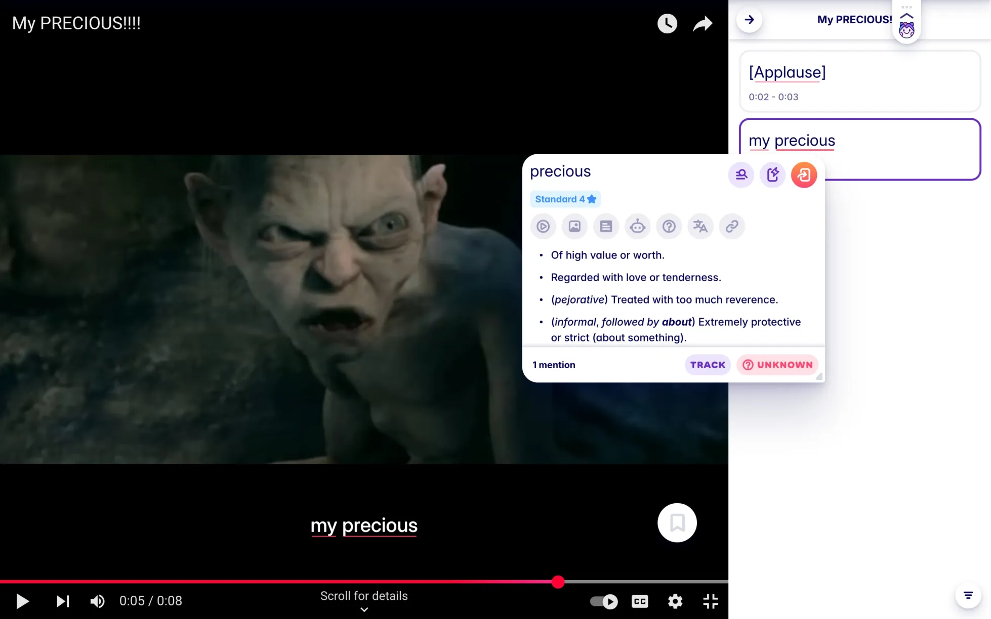 A screenshot from Lord of the Rings, showing one of the connotations of 'My Precious'