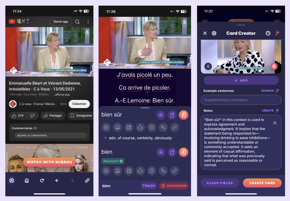 A screenshot from Migaku's mobile app, showing a YouTube show where someone says 'oui'