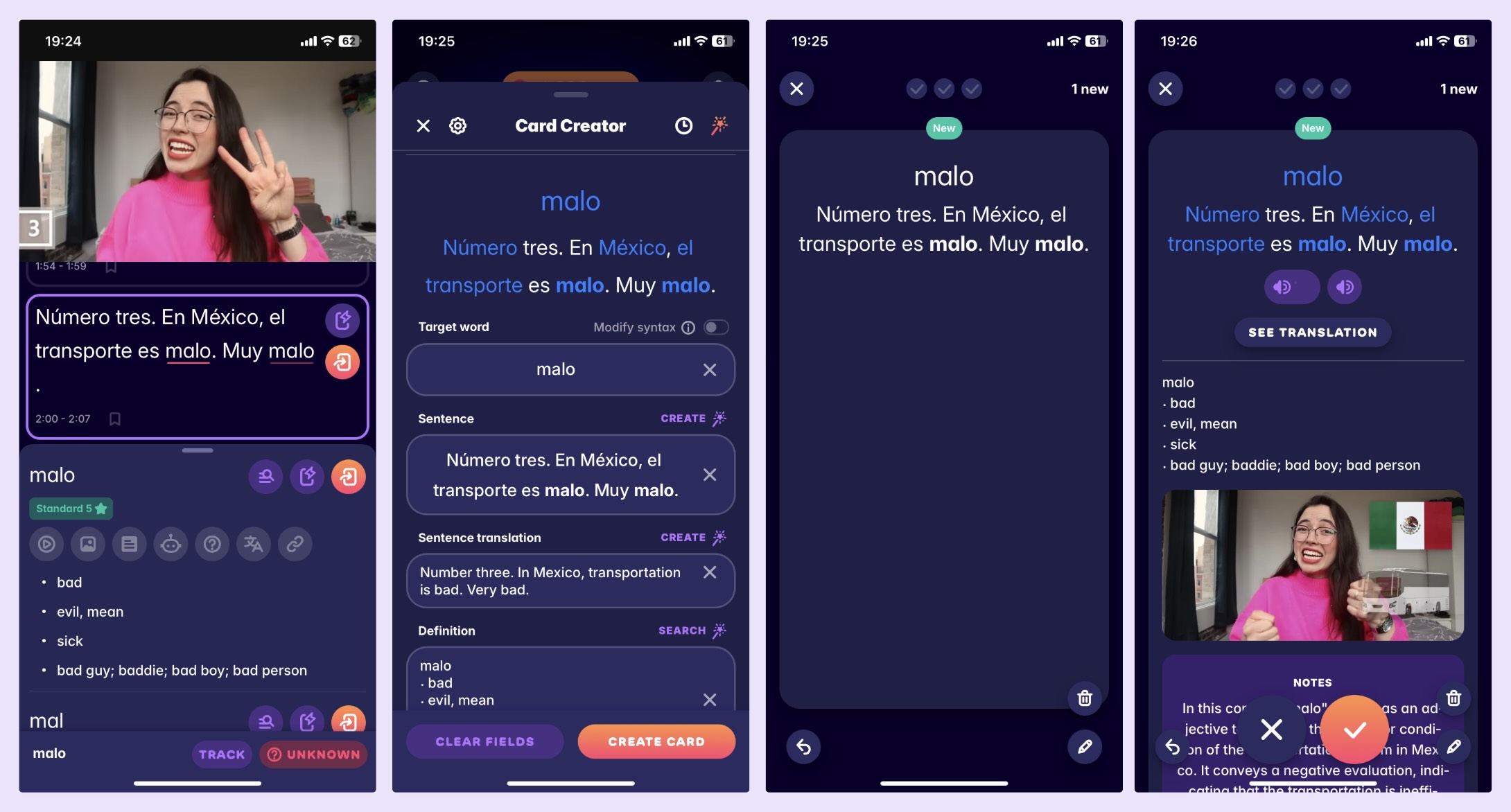 A screenshot of Migaku's mobile application, showing how we enable you to turn YouTUbe videos into learning opportunities.