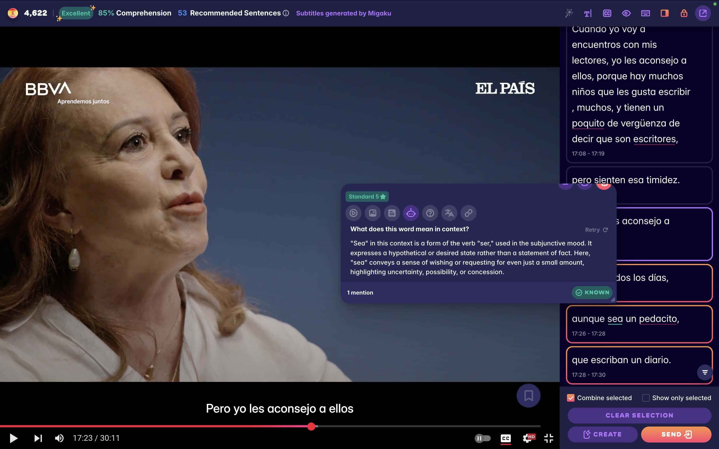 A Spanish woman using the subjunctive form of the verb 'poder' in an interview