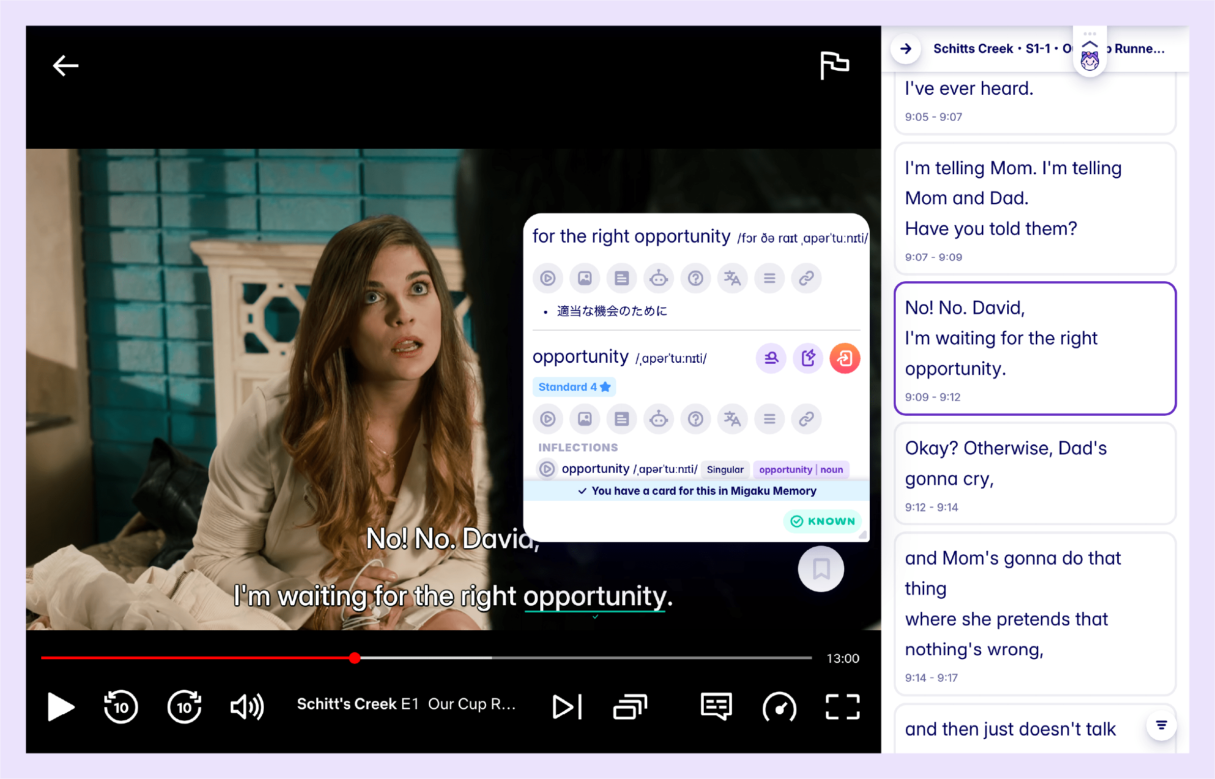 A screenshot of an episode of Schitt's Creek, as enhanced by Migaku
