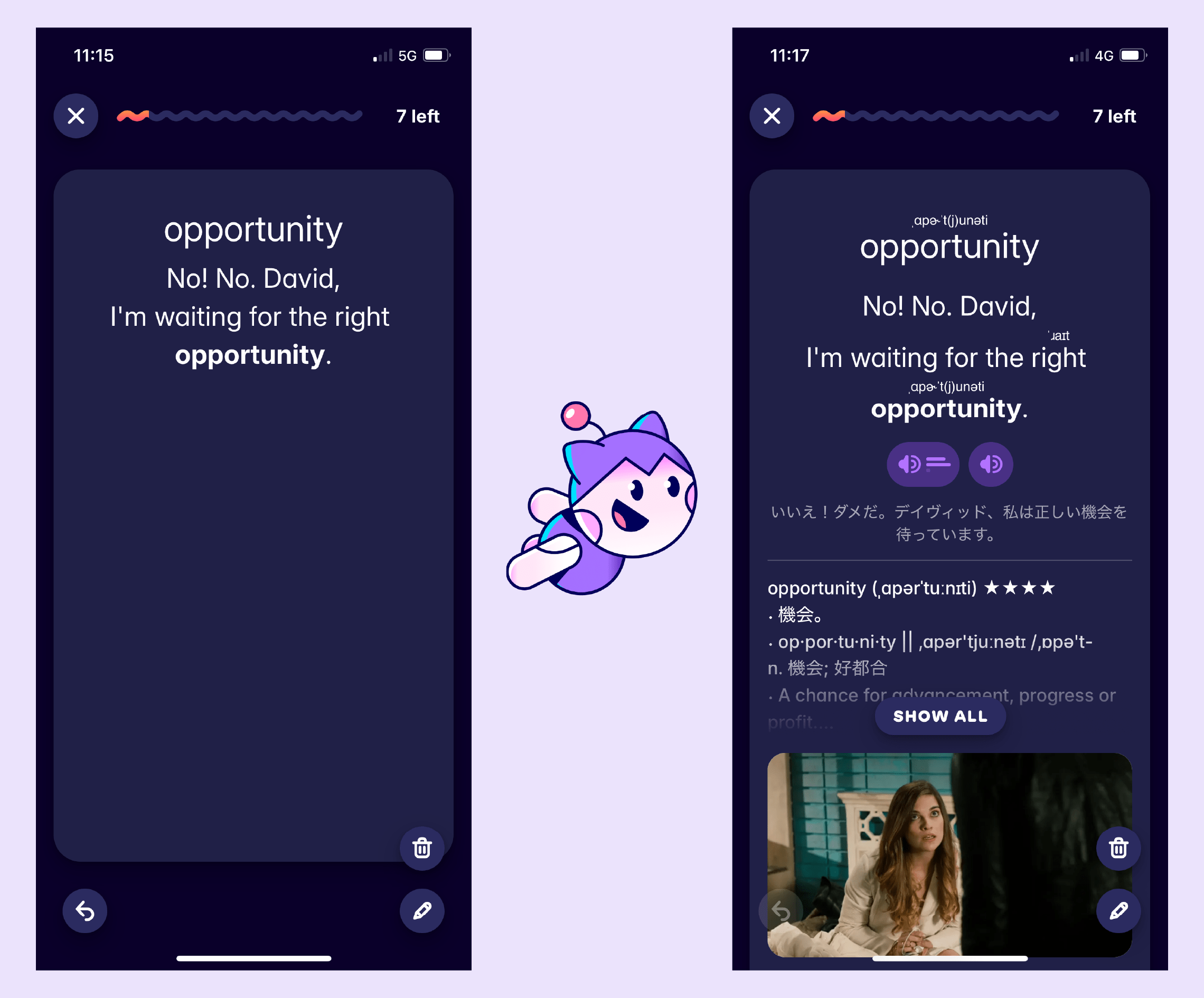 A screenshot of some flashcards made by Migaku, suhc that you'll remember the word 'opportunity'