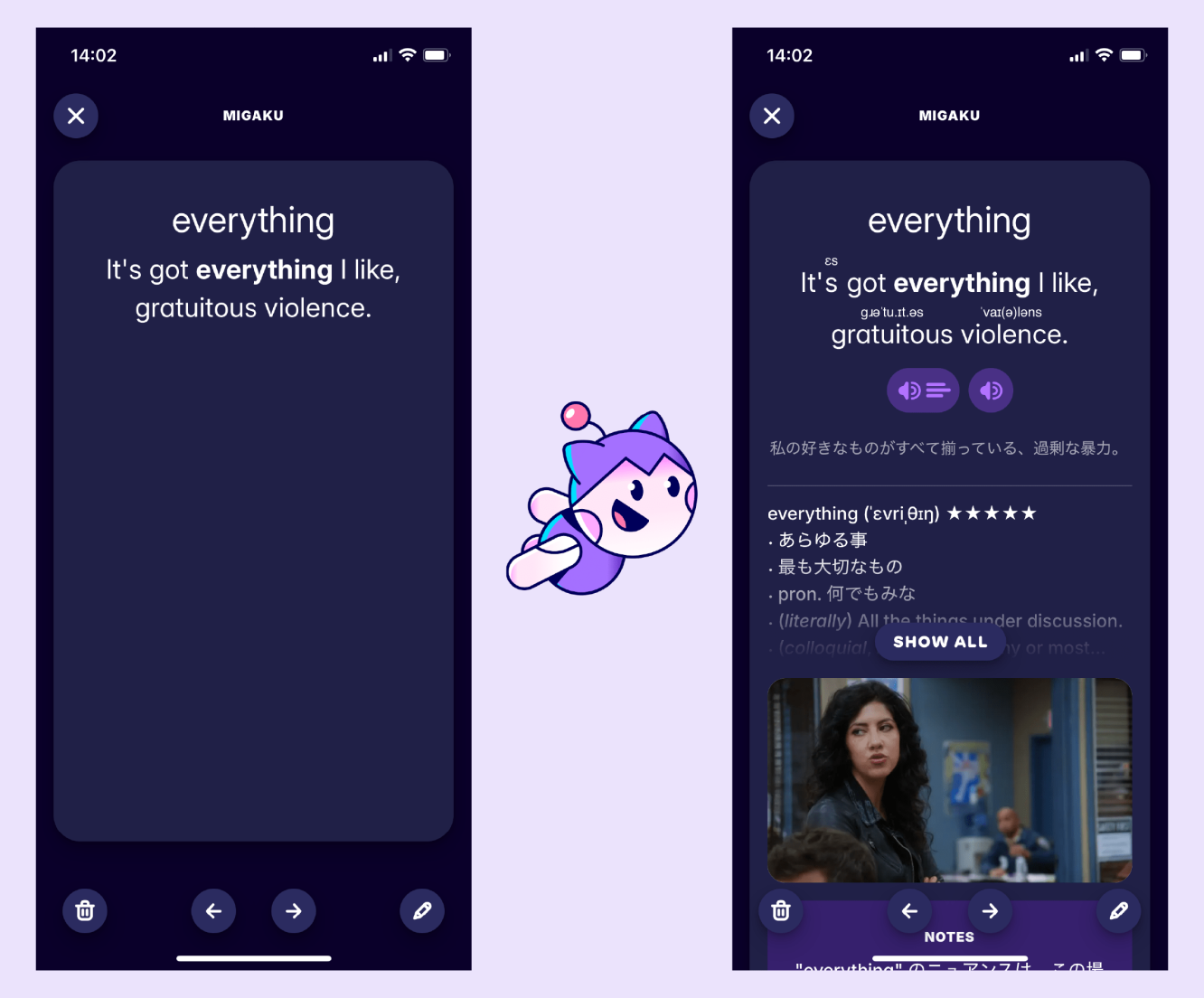 A screenshot of a flashcard created with Migaku, showing the definition of the English word 'everything'