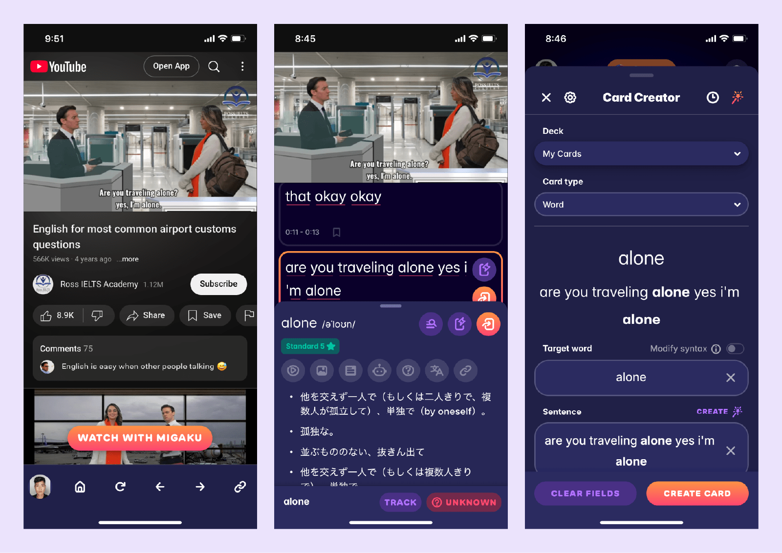 A screenshot showing how Migaku enhances subtitles in YouTube videos on your phone, making it possible to use them for language learning purposes