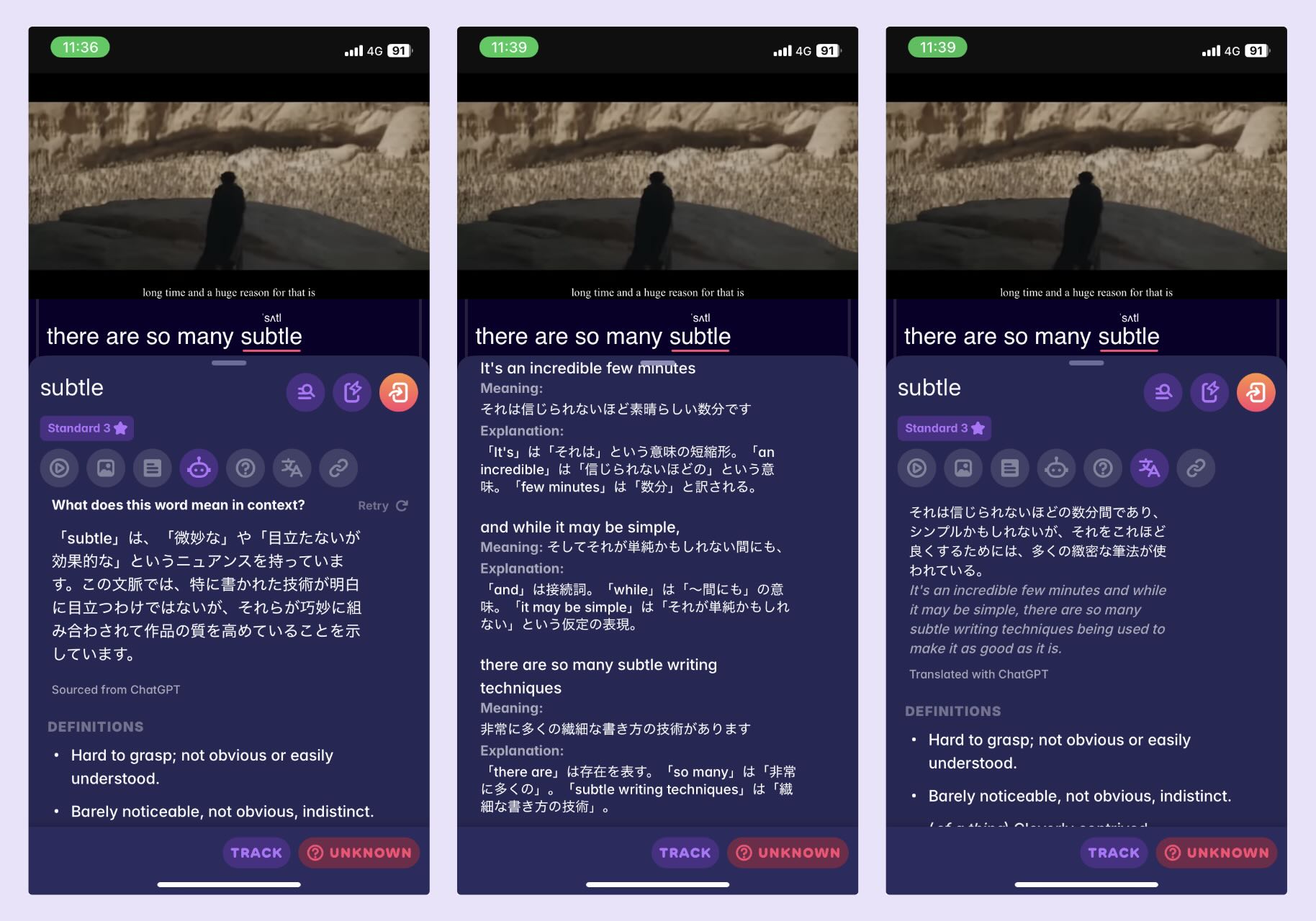 A few screenshots of the same video essay being viewed in Migaku's mobile app