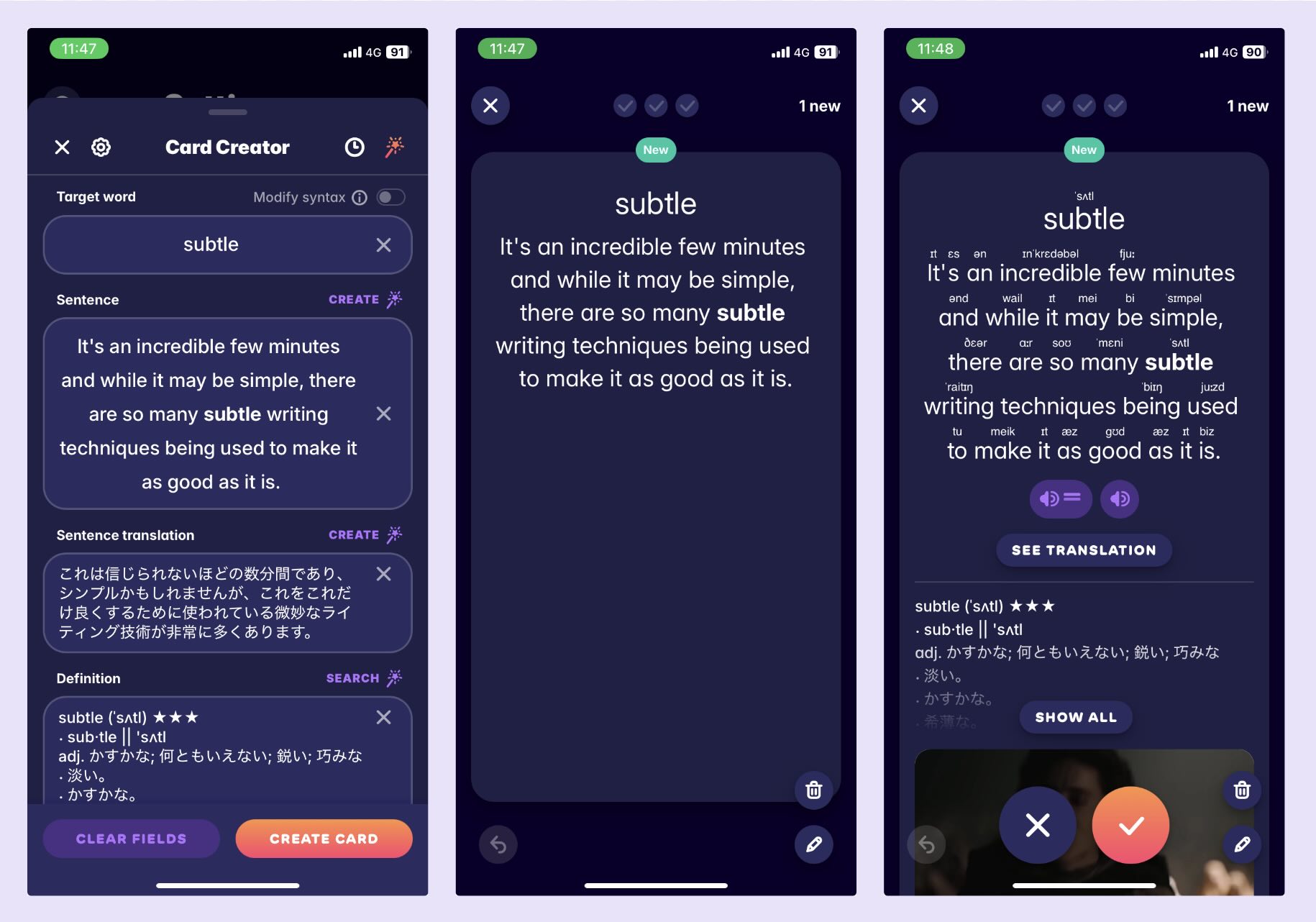 A screenshot showing the flashcards Migaku lets users make from YouTube videos