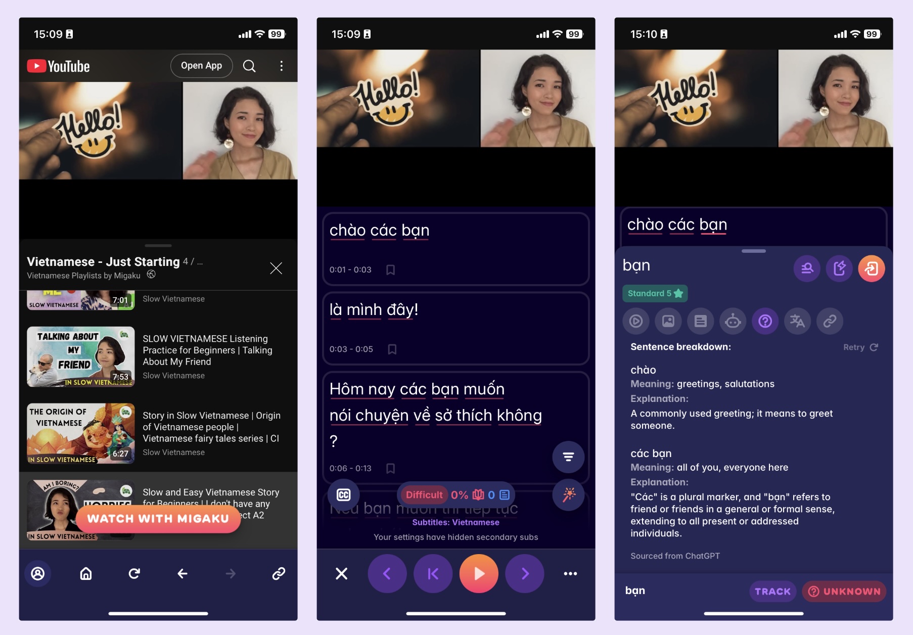 A screenshot of Migaku's app, showing how we make text in Vietnamese subtitles interactive