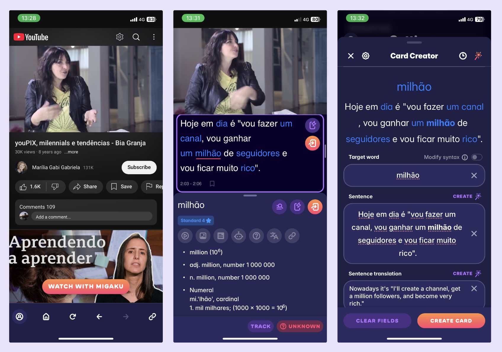 A screenshot of Migaku's mobile app, showing how we make Portuguese subtitles interactive 